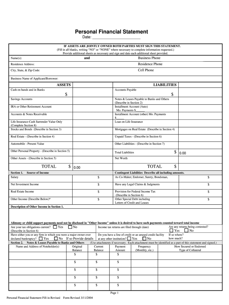 Tightwad Bank Personal Financial Statement Form Fill Online 
