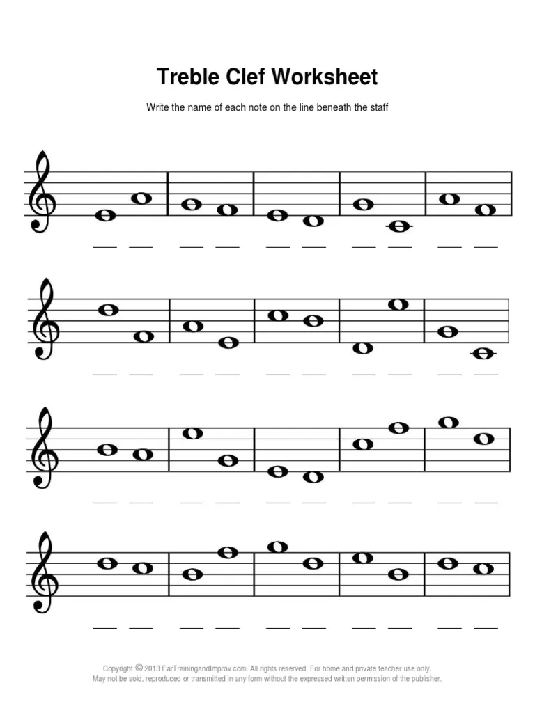 Treble Clef Worksheet Black And White PDF