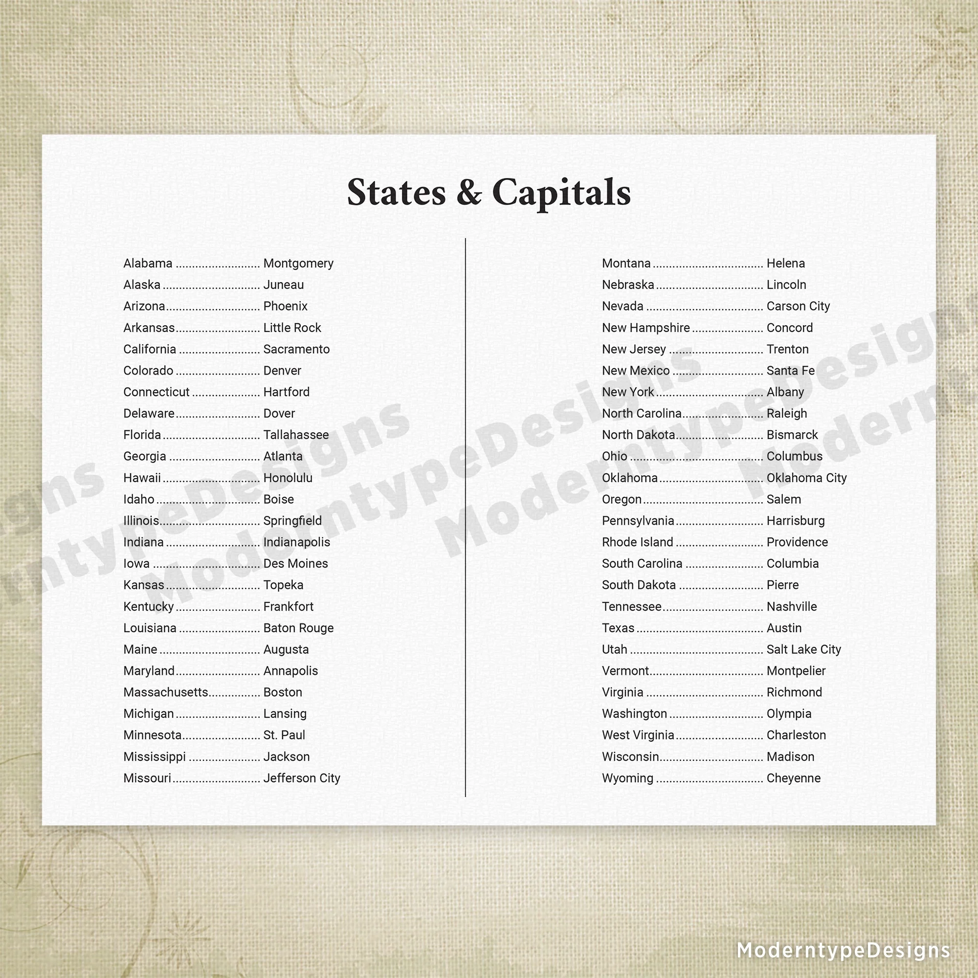 List Of Us States Printable
