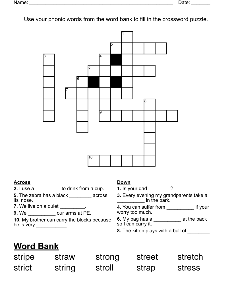 Use Your Phonic Words From The Word Bank To Fill In The Crossword 