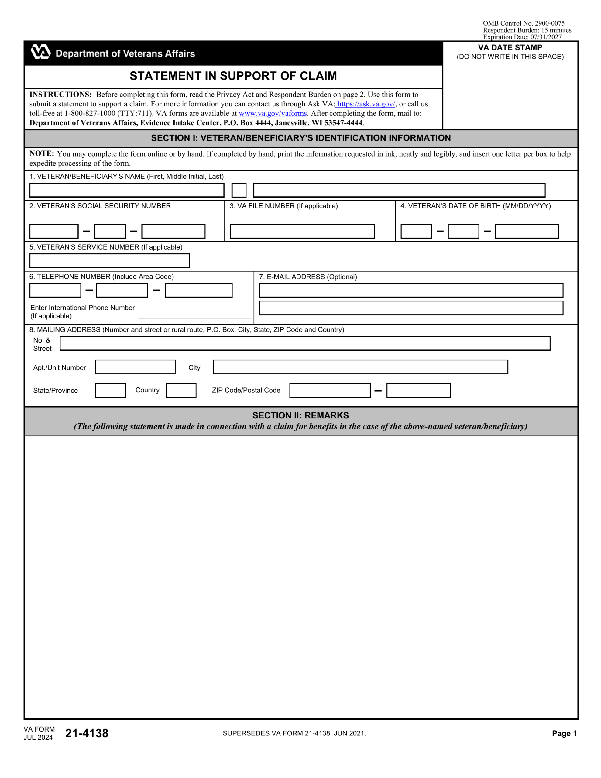 VA Form 21 4138 2024 2025 Fill And Edit With PDF Guru