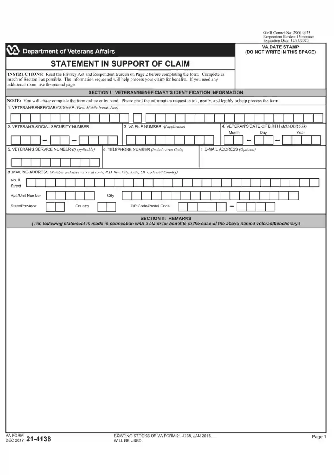 VBA VA Form 21 4138 Fill Out Printable PDF Forms Online