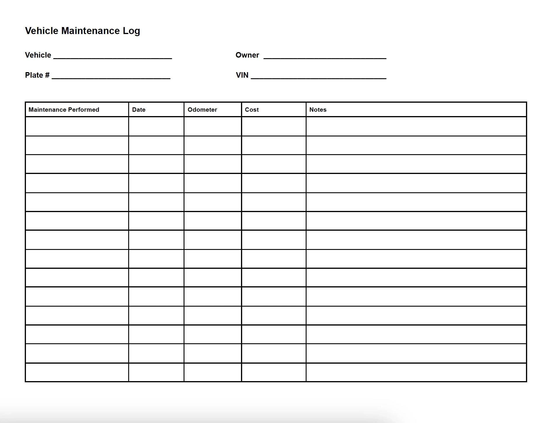 Printable Free Vehicle Maintenance Log Template