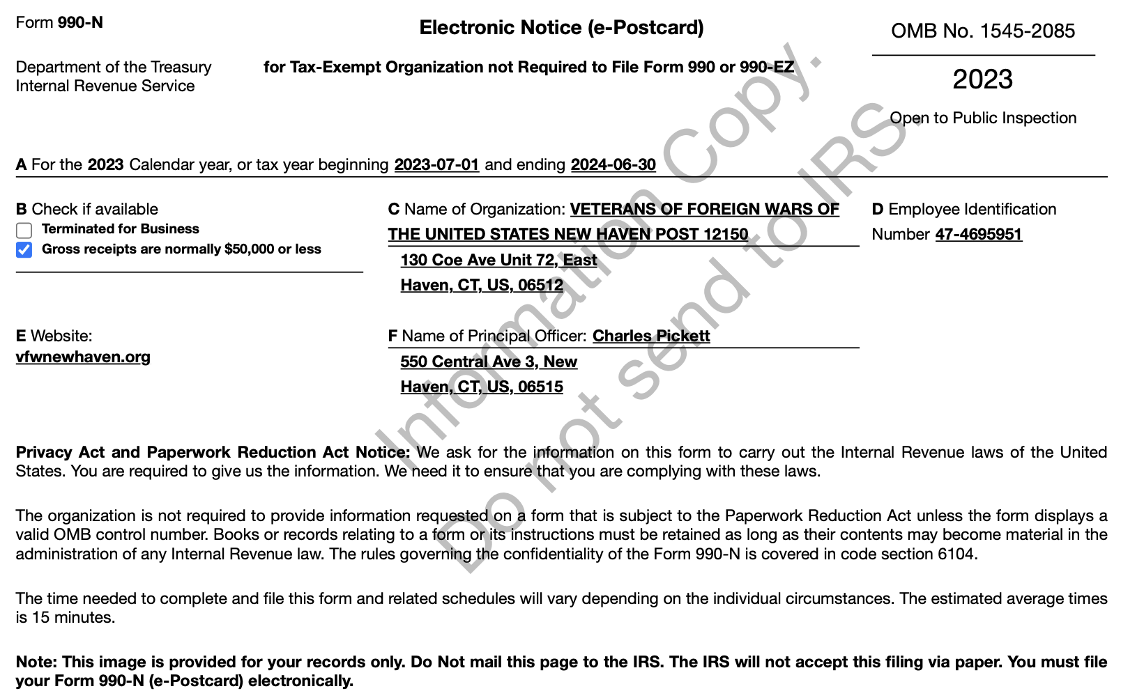 VFW Post Adjutant Training IRS Form 990 N VFWCT2 VFW New 