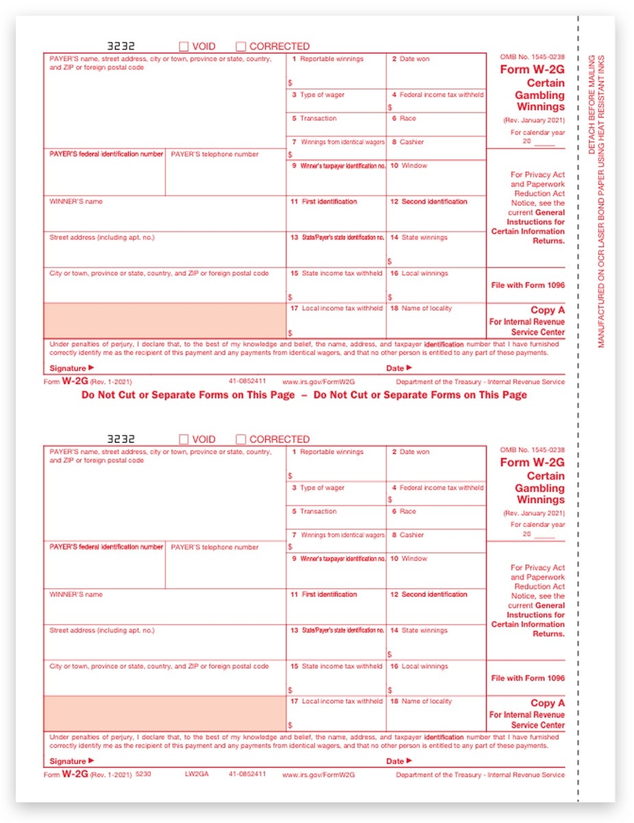 W2G Forms For Gambling Winnings Red Copy A DiscountTaxForms