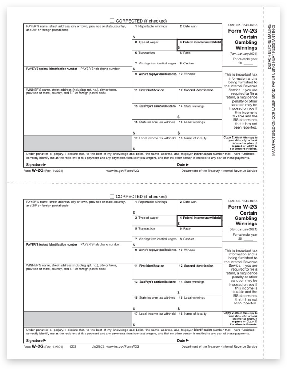 W2G Forms For Gambling Winnings Winner Copy C 2 DiscountTaxForms
