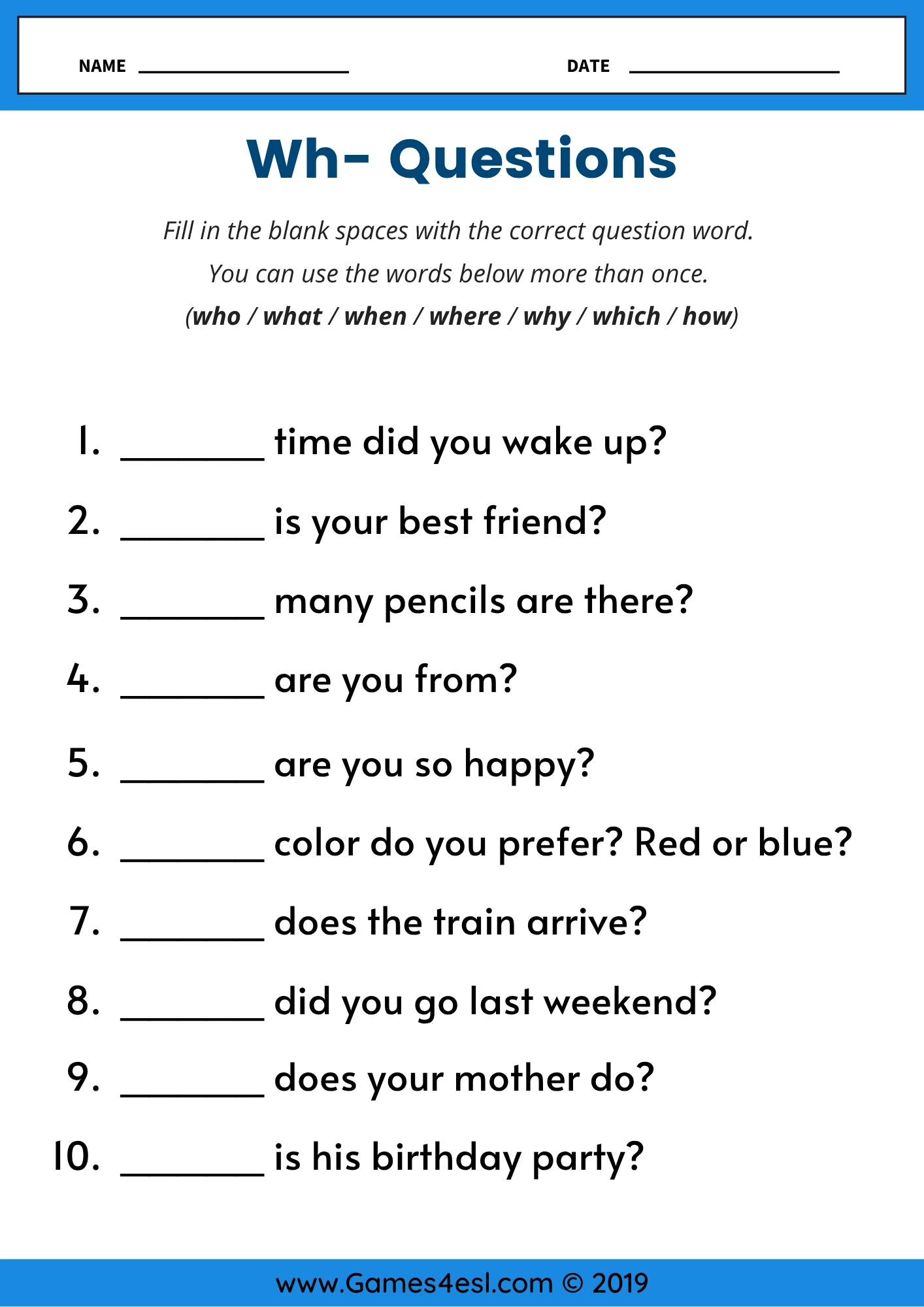 Free Printable Wh Questions Work