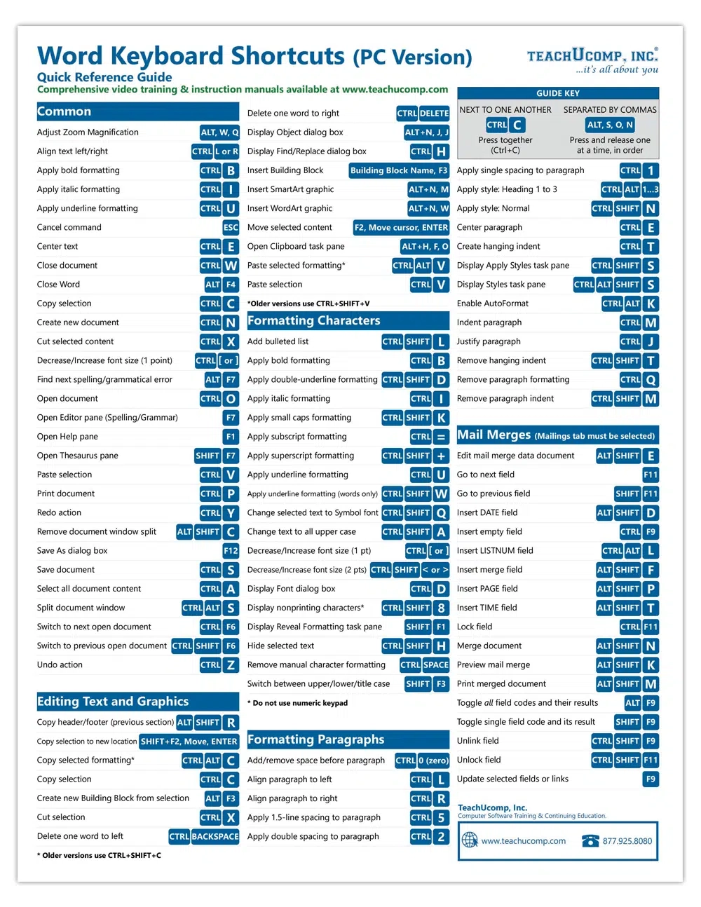 Word Keyboard Shortcuts Cheat Sheet TeachUcomp Inc 