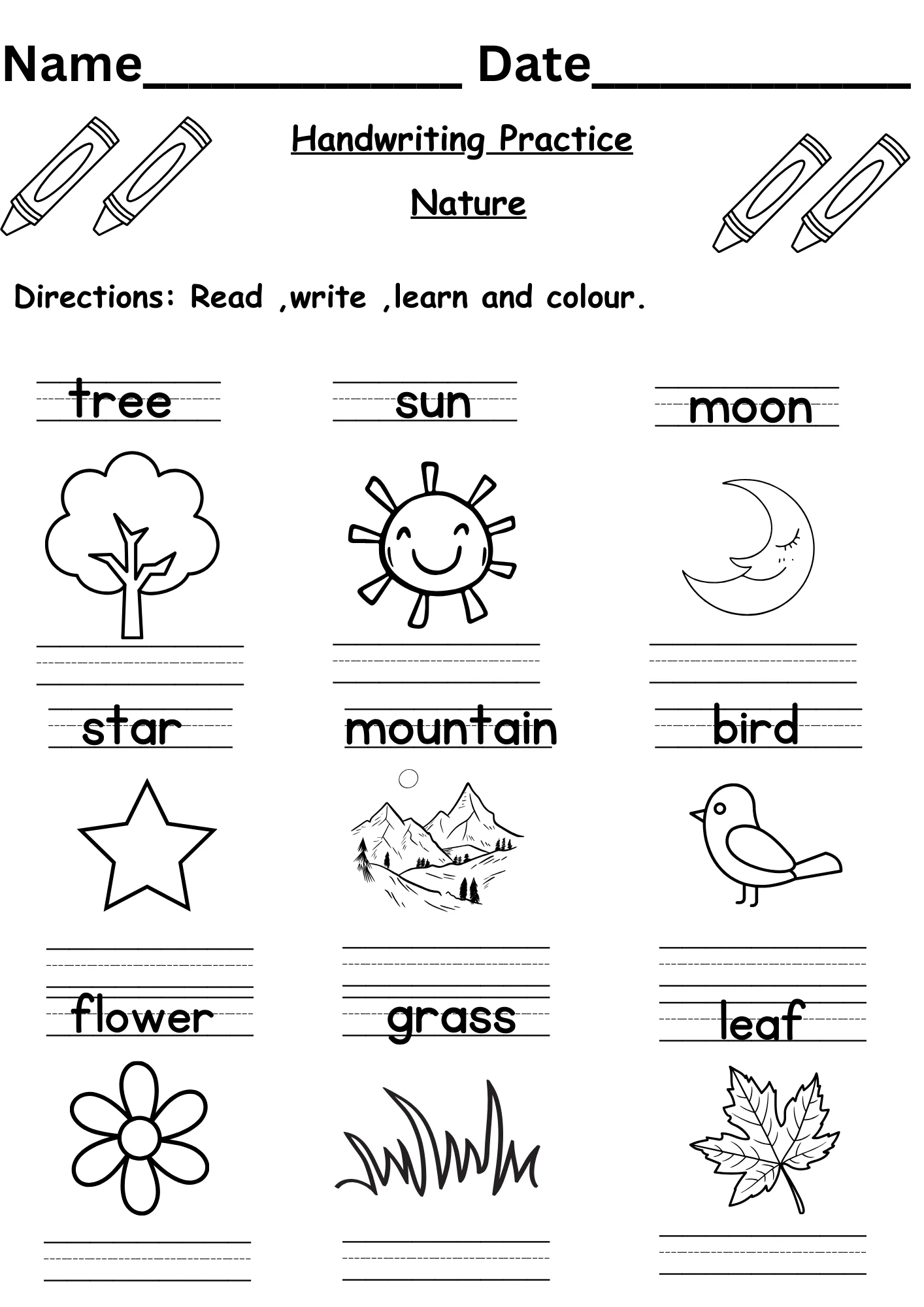 Printable Writing Handwriting Kindergarten Worksheets