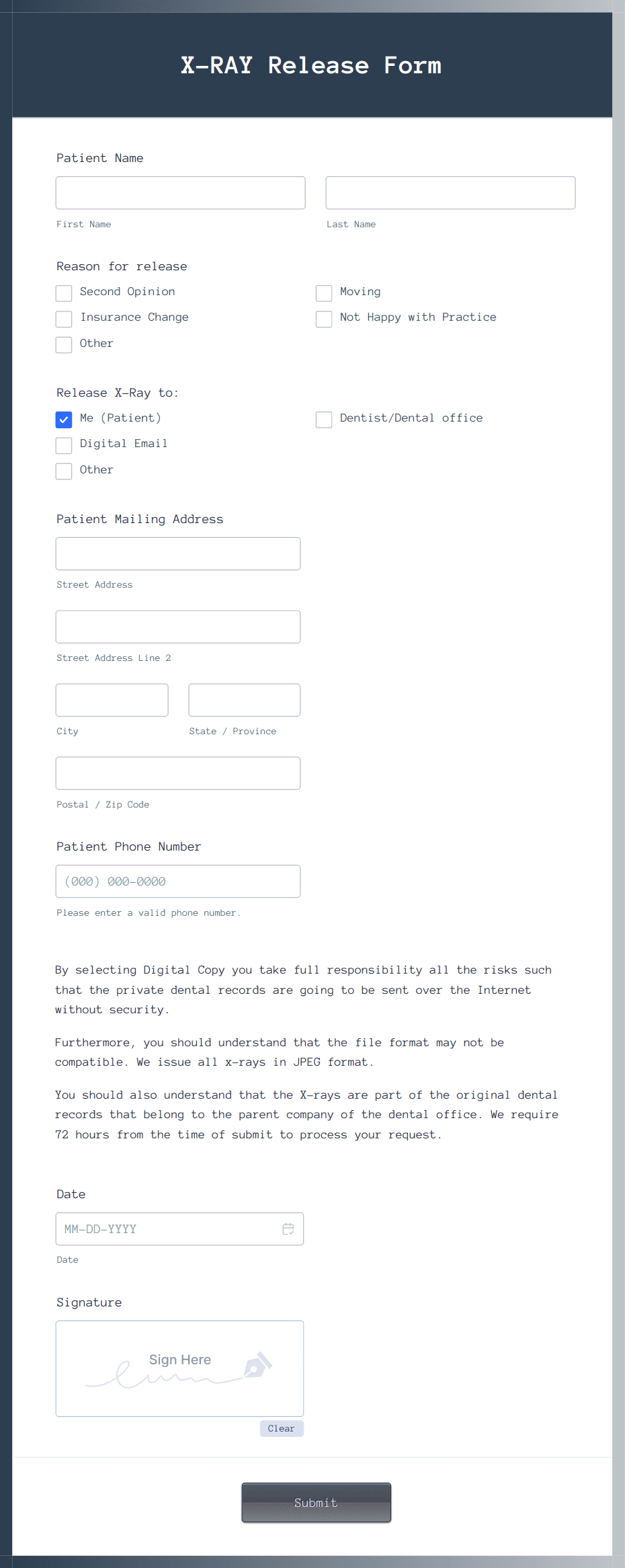 X RAY Release Form Template Jotform