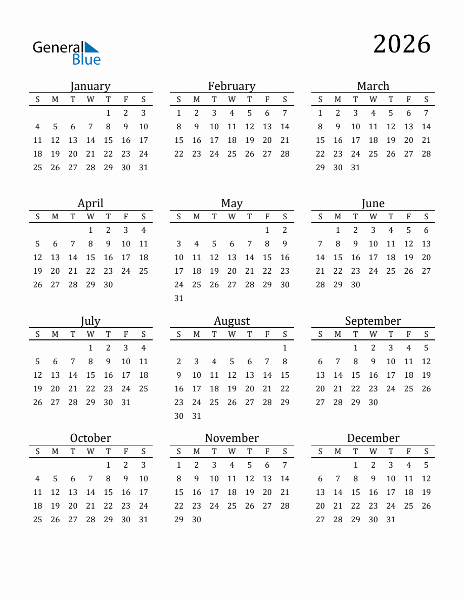 General Blue Printable Calendar 2026