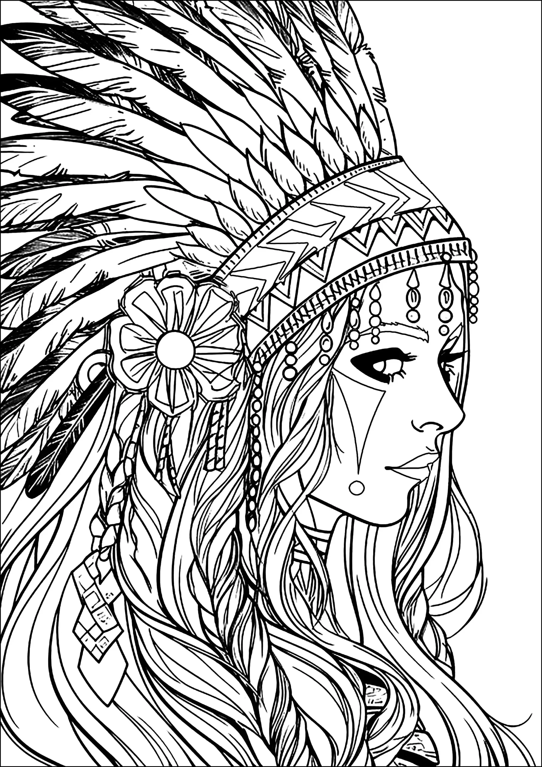 Young Woman With Indian Headdress Native American Coloring Pages 