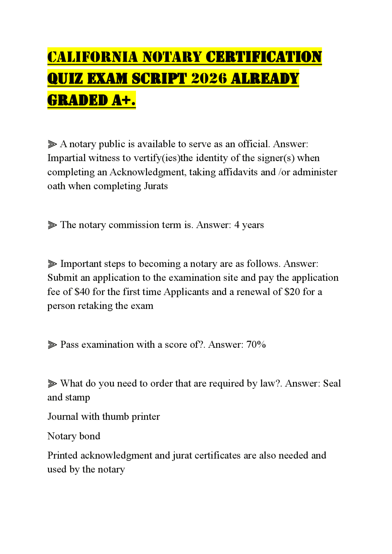 california notary certification quiz exam script 2026 already