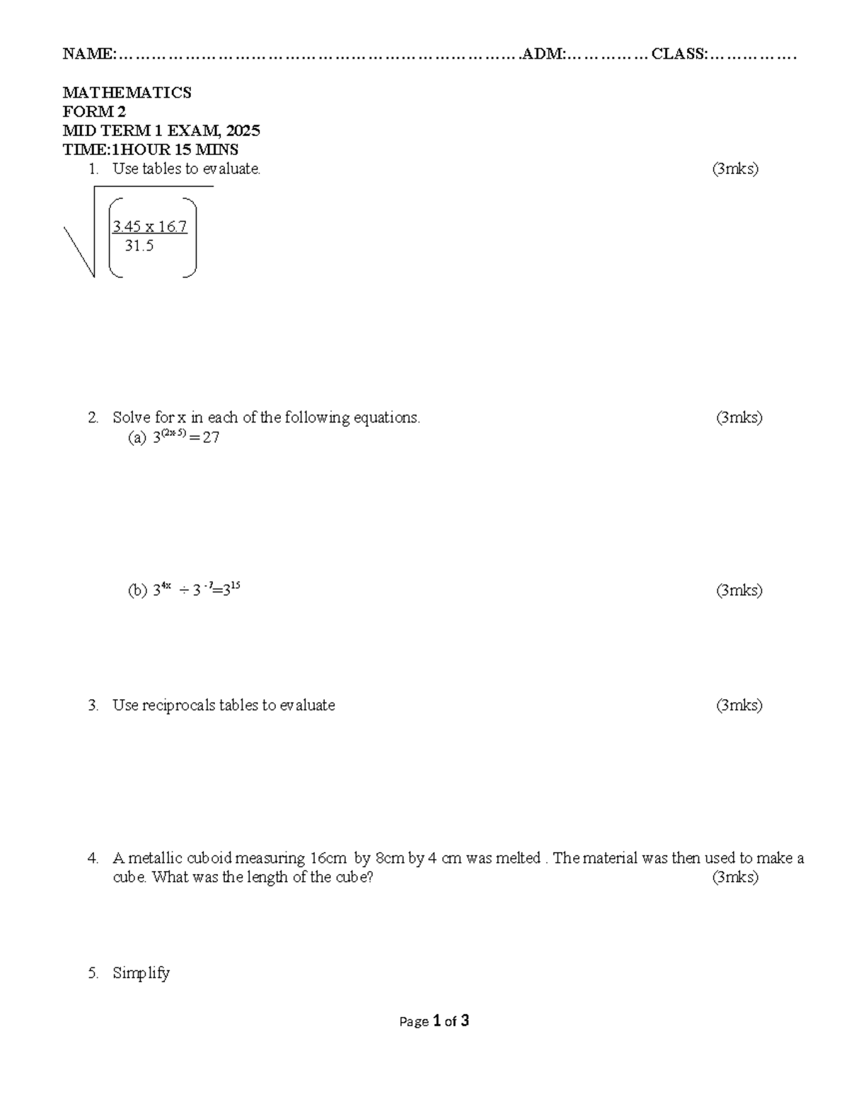 Form 2 Mid Term 1 Exam