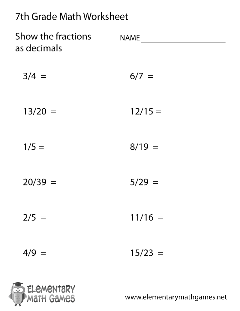 Math Worksheets For 7th Graders Free Printable