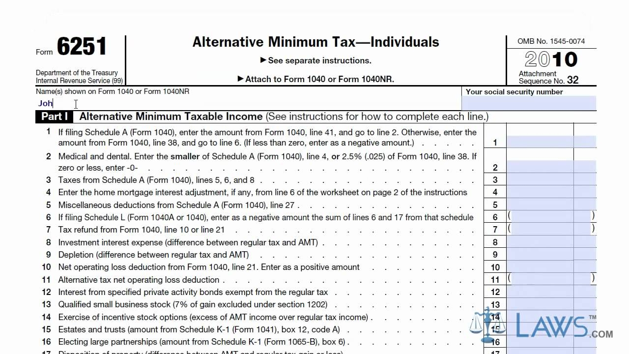 Learn How To Fill The Form 6251 Alternative Minimum Tax By Individual