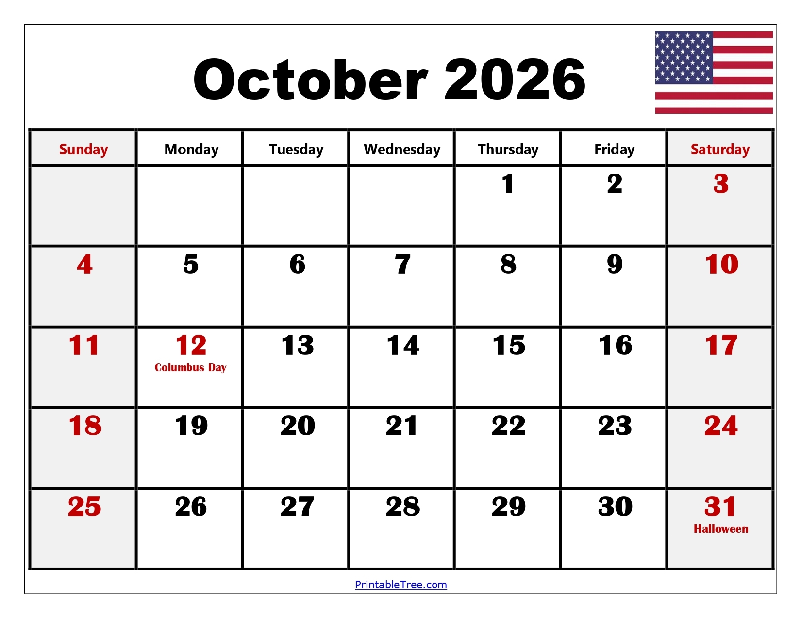 Blank October 2026 Printable Calendar